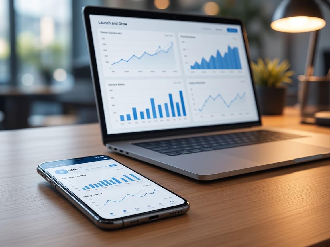 Live product on a phone with growth analytics on a laptop
